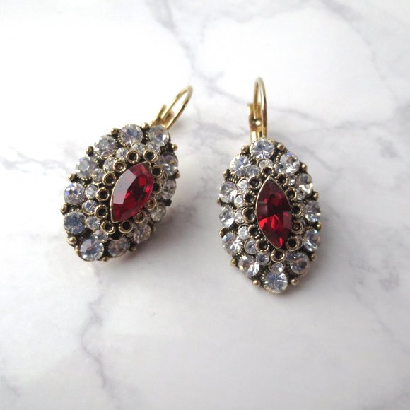 Vintage Look Faux Gold Ruby and Diamanté Sleeper Earrings - Picture 2 of 5